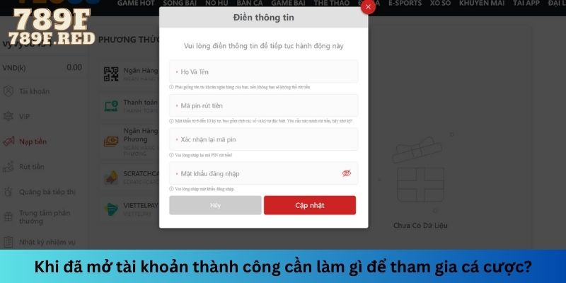 Cần thực hiện đăng nhập và nạp tiền vào tài khoản để bắt đầu tham gia cá cược